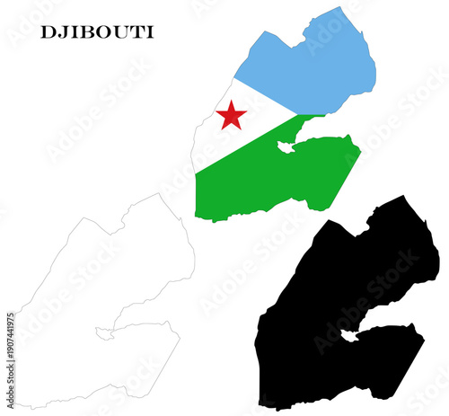 Djibouti Country Maps Bundle with National Flag, Black Silhouette and Detailed Outline Contours