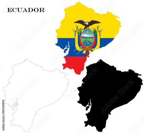 Ecuador Country Maps Bundle with National Flag, Black Silhouette and Detailed Outline Contours