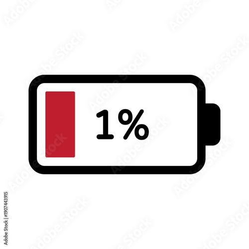 Professional Standalone 1 Percent Low Battery Icon – Red Warning Vector for Critical Power Status
