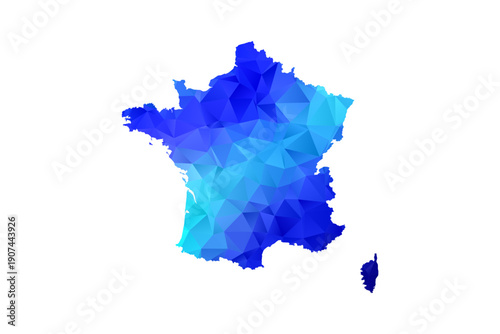 France map - Polygon Style Vector Illustration in Blue Gradient, Low Poly Geometric Design, Isolated on White Background, Perfect for Infographics, Education, and Modern Presentations.