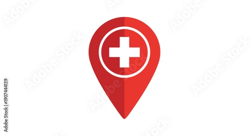 Red location pin with white medical cross symbol for healthcare navigation.