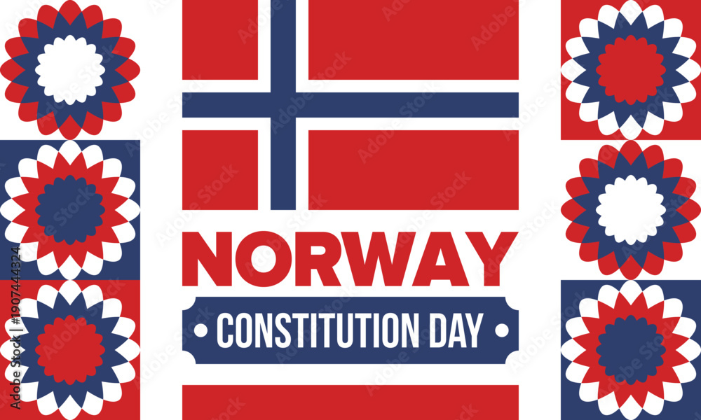 Obraz premium Norway Constitution Day. Happy holiday, celebrated annual in May 17. Norwegian flag. Norway independence and freedom. Patriotic poster. Festive and parade design. Vector illustration
