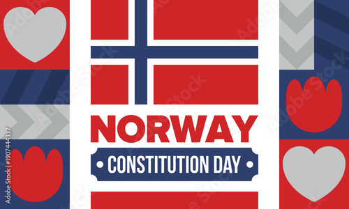 Norway Constitution Day. Happy holiday, celebrated annual in May 17. Norwegian flag. Norway independence and freedom. Patriotic poster. Festive and parade design. Vector illustration