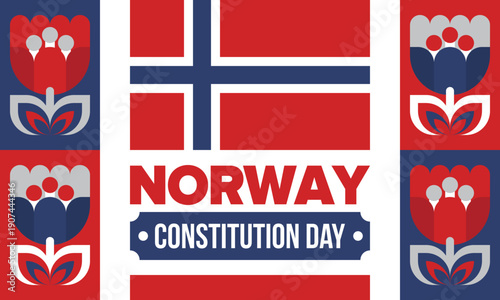 Norway Constitution Day. Happy holiday, celebrated annual in May 17. Norwegian flag. Norway independence and freedom. Patriotic poster. Festive and parade design. Vector illustration