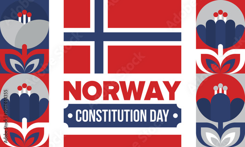 Norway Constitution Day. Happy holiday, celebrated annual in May 17. Norwegian flag. Norway independence and freedom. Patriotic poster. Festive and parade design. Vector illustration