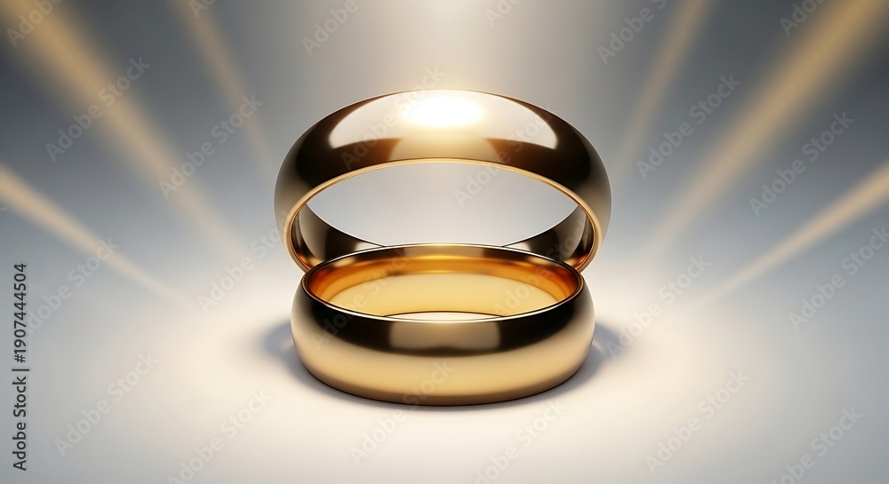 Fototapeta premium Two Golden Wedding Rings Glowing on Gray Background - Marriage and Commitment Concept