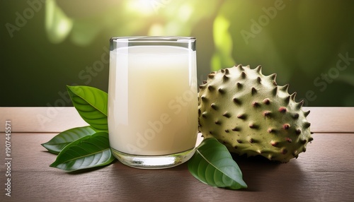 Glass Of Soursop Juice With The Fruit And Leaves