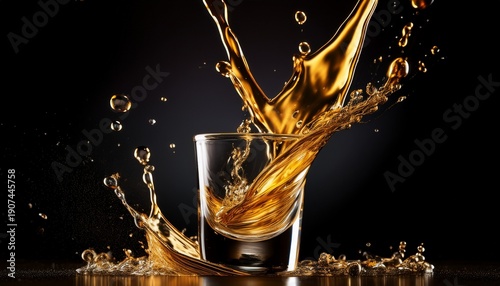 Golden Liquid Splashing From A Shot Glass Against A Black Background