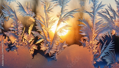 Ice Crystals On Frosted Glass Window With Sunlight