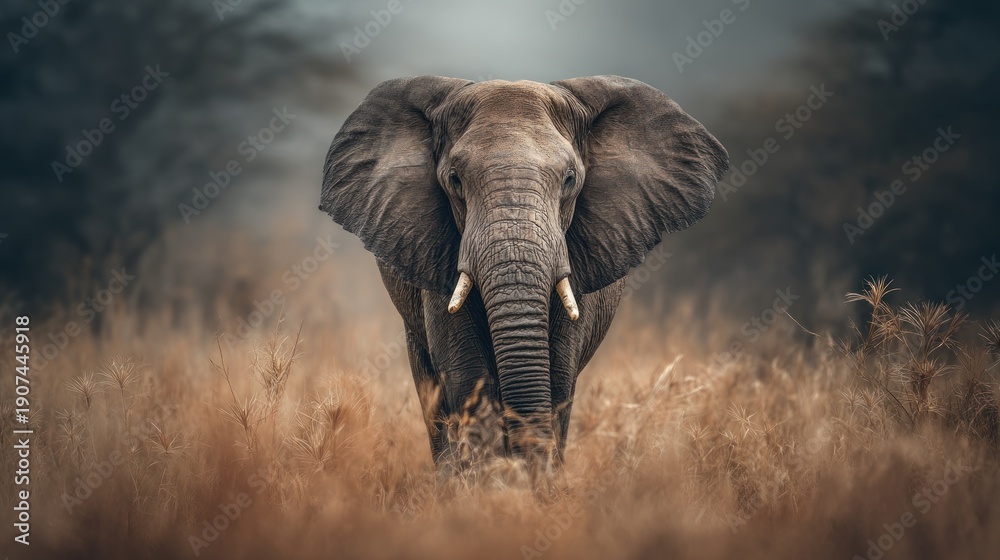Fototapeta premium Majestic elephant walking through golden grassland in african savannah