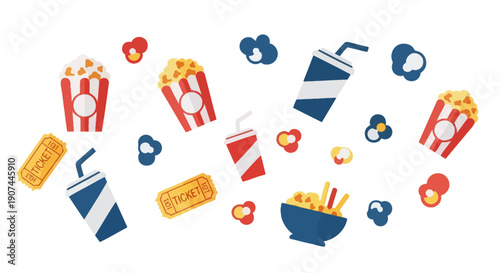 A vibrant collection of classic movie theater snacks and drinks, including popcorn, soda cups, and tickets, scattered playfully across a white background.