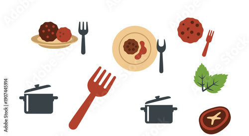 A collection of food-related icons including meatballs, forks, pots, and herbs, suggesting a culinary theme.