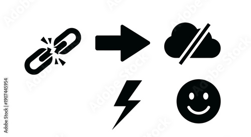Broken chain link transforming into a cloud with a lightning bolt and a smiley face, symbolizing a positive outcome from a negative situation.
