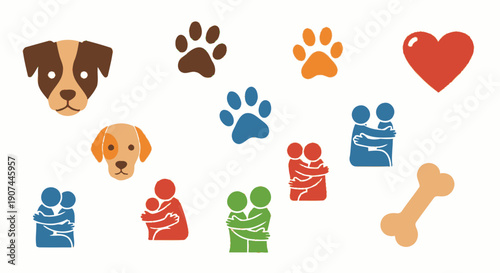 A collection of charming icons representing love, companionship, and care for dogs, featuring paw prints, hearts, human figures embracing, and dog faces.