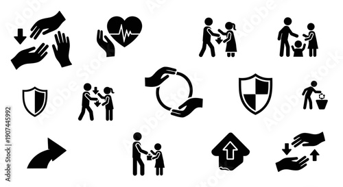 A collection of black and white icons representing various aspects of life, including family, health, protection, and community support.