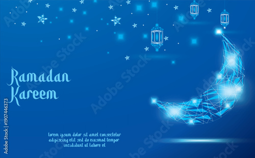 Ramadan Kareem Background with Glowing Crescent Moon and Lanterns