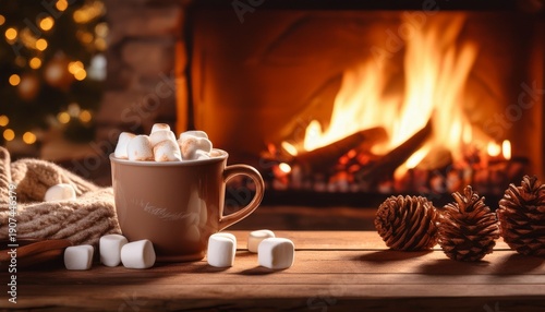 Cozy Winter Scene With Hot Chocolate Mug Featuring 2026 Marshmallows Fireplace And Pinecones