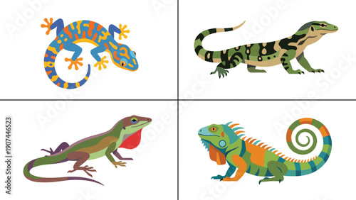 Diverse Colorful Lizards Vector Illustrations Set. Gecko, Iguana, Anole, and other Reptile Species