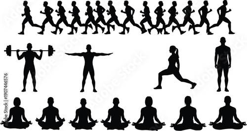 Running silhouettes, weightlifting figure, stretching lunge pose, yoga meditation posture, fitness activity icons, cardio exercise, wellness practice, strength training, flat vector illustration