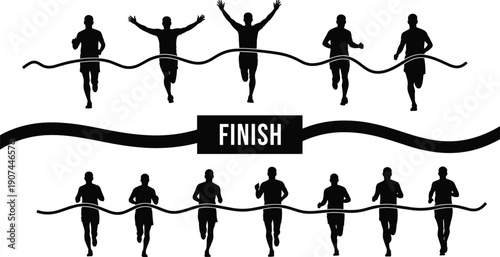 Runners silhouettes crossing finish line, athletes celebrating victory competition achievement sports race ribbon moment success design artwork illustration set -flat vector illustration