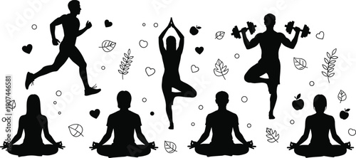 Running silhouette, yoga tree pose, dumbbell balance exercise, meditation posture, wellness activity icons, health symbols, nature elements, fitness lifestyle, flat vector illustration