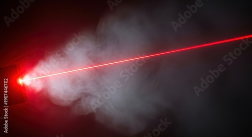Powerful, coherent red laser beam projecting intensely across a dark, smoky environment, symbolizing future speed, technology, and precision optics, speed, abstract, smoke