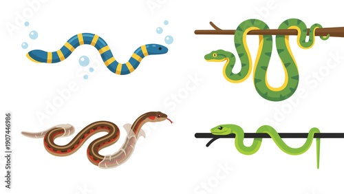 Diverse Cartoon Snakes Set: Aquatic, Arboreal, and Shedding Reptile Illustrations in Flat Design
