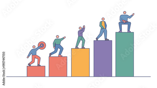 A group of people climbing up colorful blocks to reach the top of success