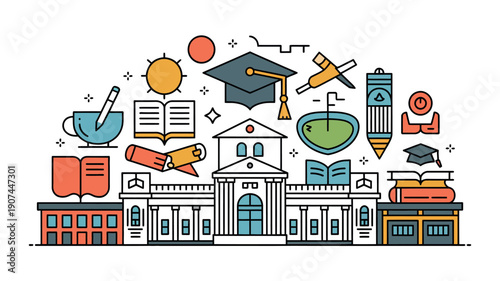 A colorful illustration of educational icons and buildings representing learning and academia
