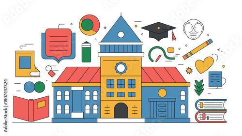 A colorful illustration of a school building surrounded by educational icons and symbols.