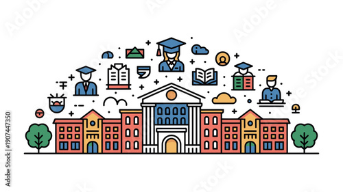 A colorful illustration of a university campus with various educational icons floating above the buildings.