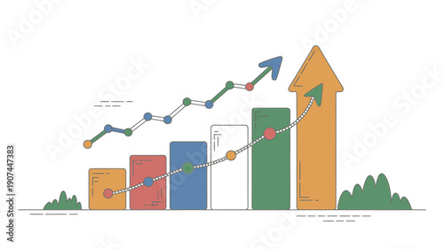 A colorful infographic showing a growing trend with a bar chart and line graph