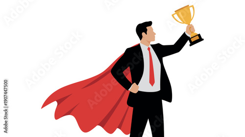 A businessman in a suit wearing a red cape holds a golden trophy aloft, celebrating success and achievement.