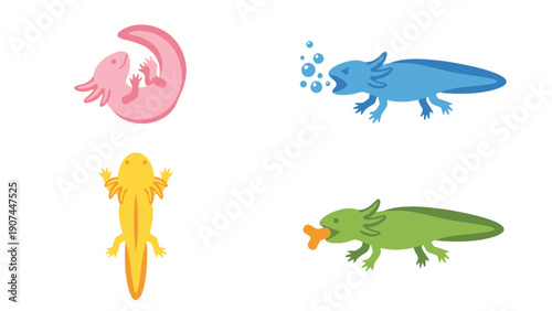 Cute Cartoon Axolotl Set. Colorful Amphibian Characters in Different Poses: Pink, Blue, Yellow, Green. Vector Illustration.