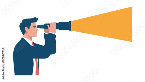 Businessman looking through a telescope, symbolizing foresight and future planning.