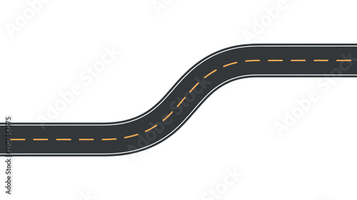 An asphalt road curves gracefully with yellow dashed lines on a white background.