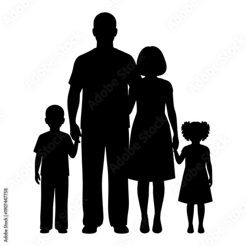 Silhouette of a nuclear family standing together holding hands firmly