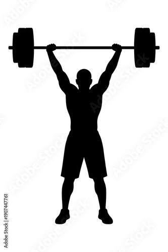 Silhouette of muscular athlete successfully lifting heavy barbell overhead during workout