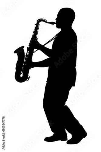 Silhouette of a musician playing the saxophone standing up isolated