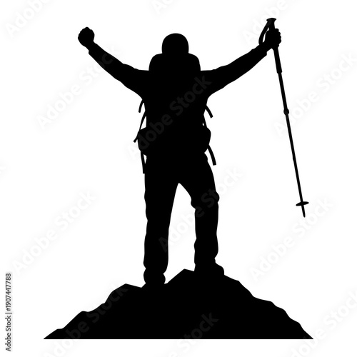 Hiker silhouette celebrating victory arms raised atop mountain peak