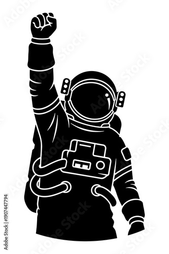 Stylized astronaut raises triumphant fist in a bold monochrome silhouette graphic