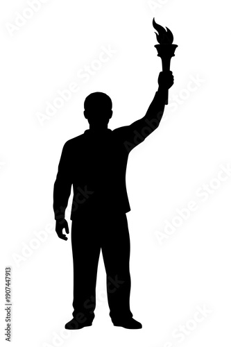 Silhouette of person holding up a lit torch against white background