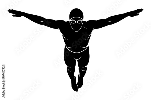 Swimmer silhouette diving from starting block during competition or practice
