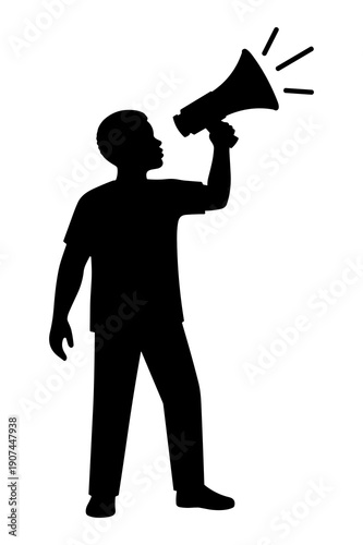 Silhouette of person loudly announcing message through megaphone vector graphic