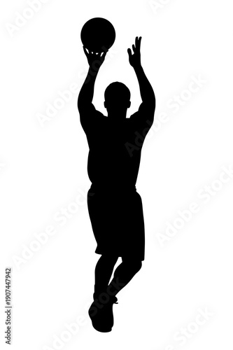 Silhouette of a basketball player taking a jump shot against white background