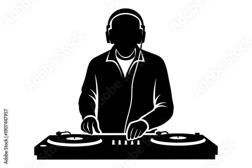 Silhouette of a professional disc jockey mixing music on turntables during performance