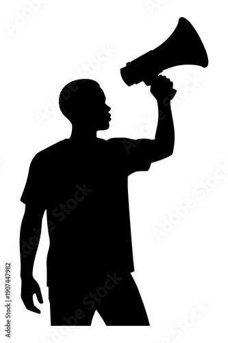 Silhouette of determined man loudly speaking through a handheld megaphone device