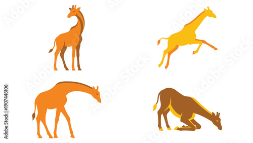 Stylized Giraffe Poses Vector Set. Flat design illustrations of giraffes in various actions: standing, jumping, bending, kneeling.