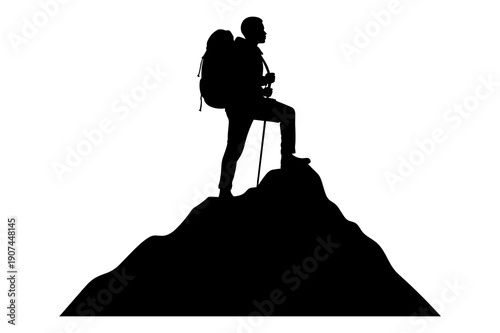 Silhouette of hiker with backpack standing successfully atop mountain peak