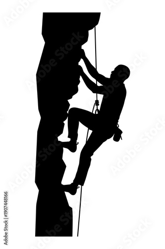 Silhouette of rock climber ascending steep cliff face using ropes and gear